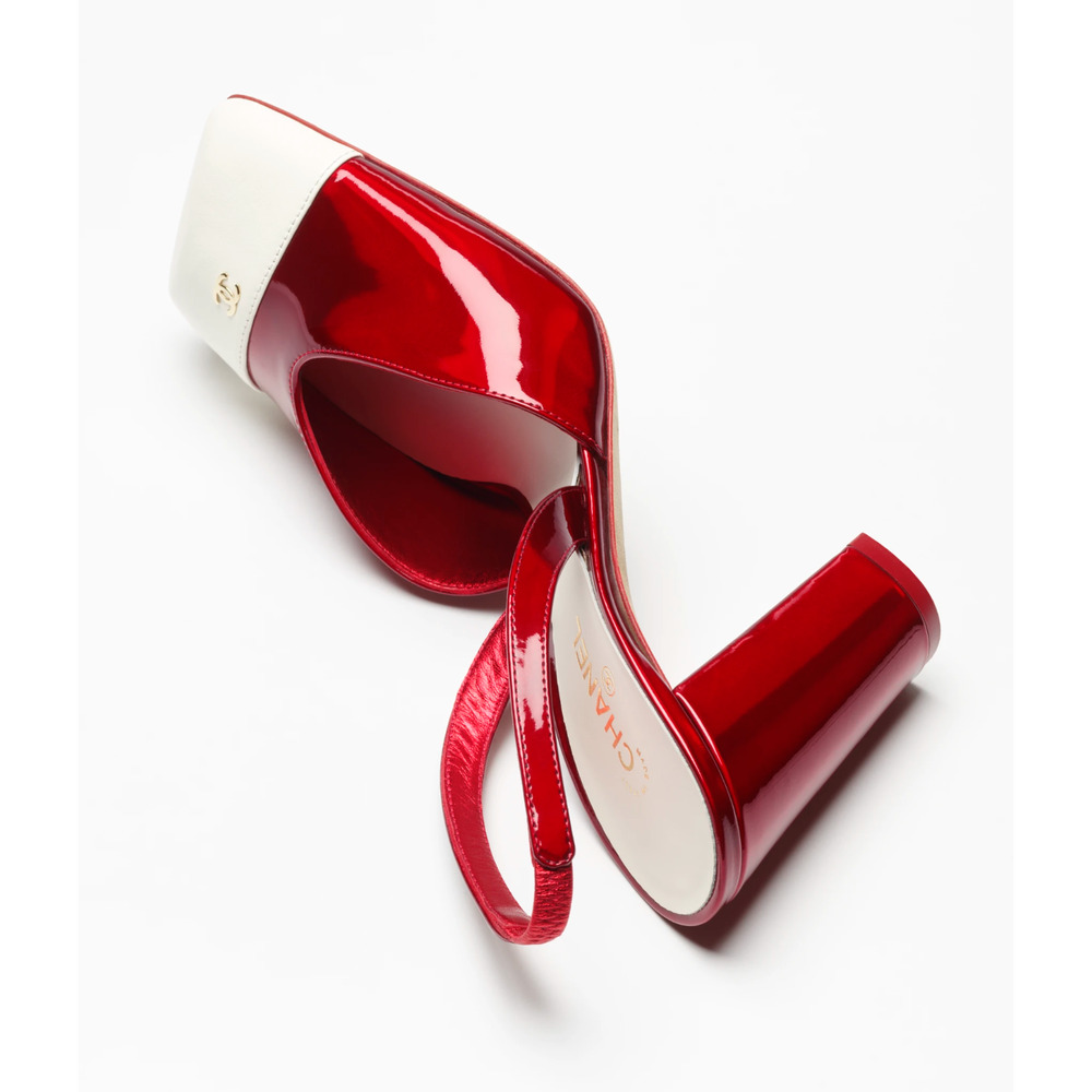 Chanel 26S Blazy Red White Square Toe Sling CC Logo Slingback Block Heel Pump 38 - Picture 7 of 16